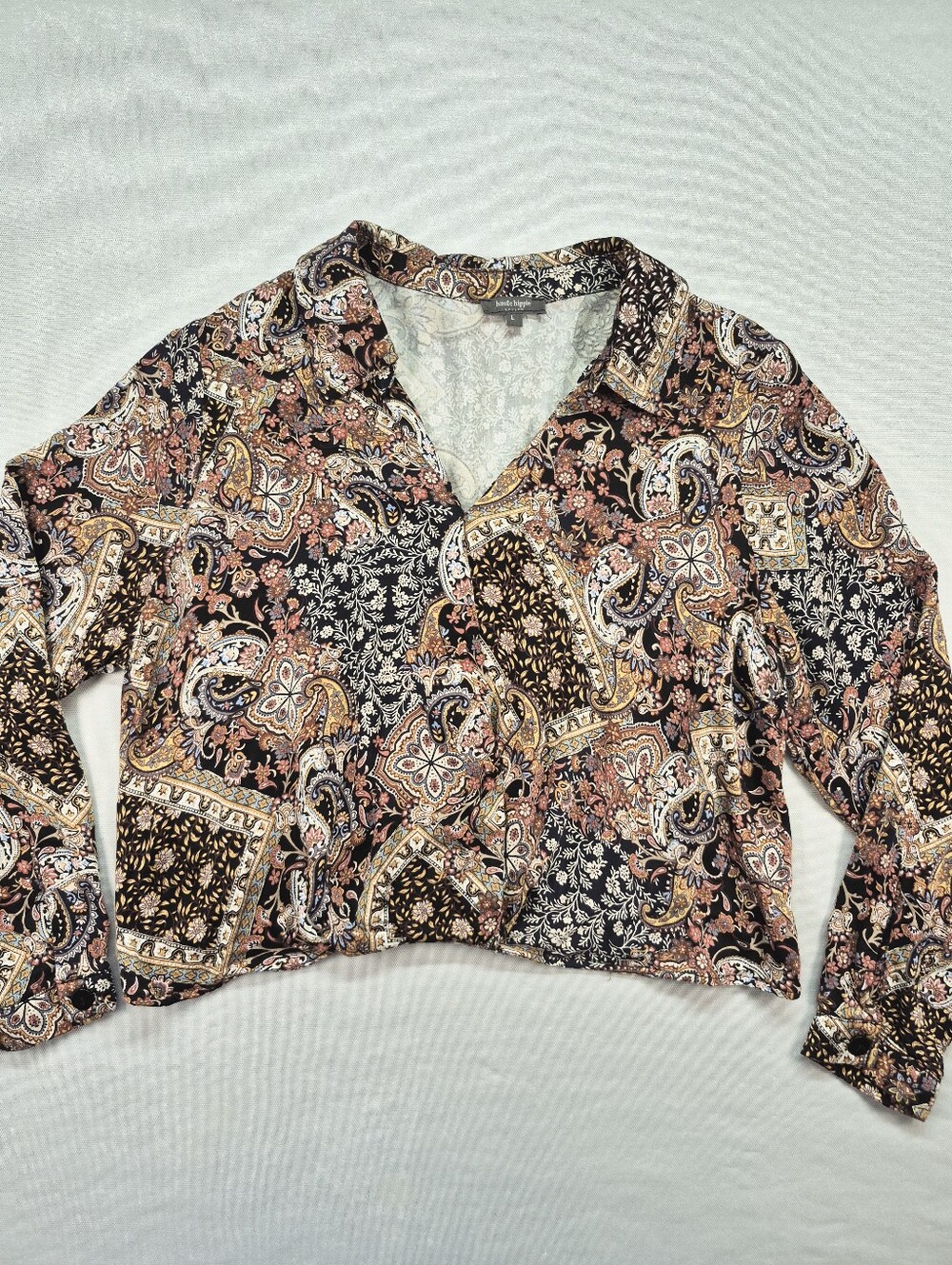 Haute Hippie Shirt Top Women's Large Floral & Paisley Print Cropped Faux Wrap